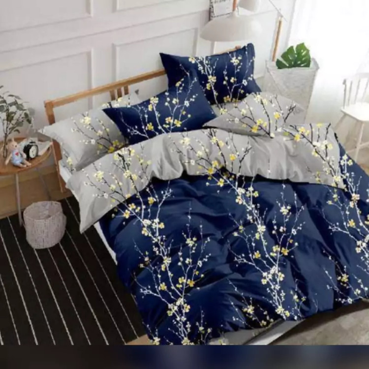 روتختی دونفره طرح شکوفه بهاری دو رو طوسی سرمه ای ۶تکه