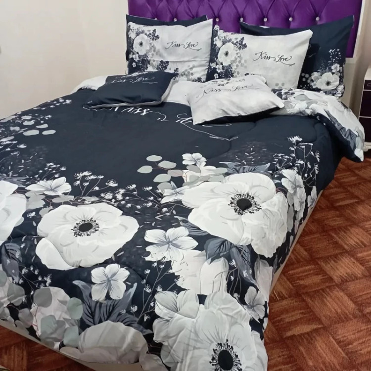 روتختی دونفره ۸تکه سورمه ای سفید گلدار