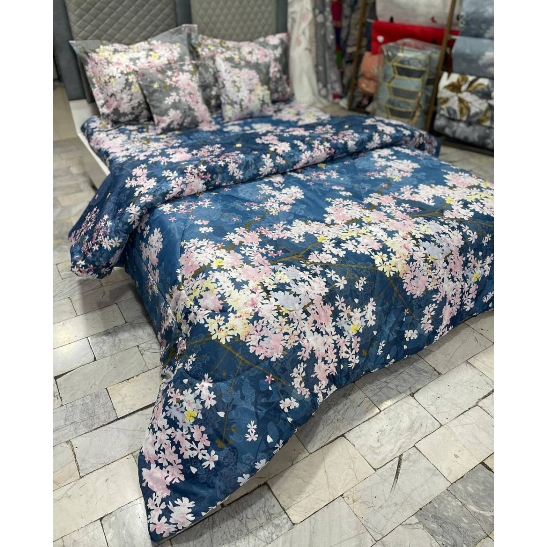 روتختی طوسی دونفره با طرح گل صورتی