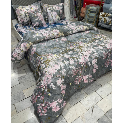 روتختی طوسی دونفره با طرح گل صورتی