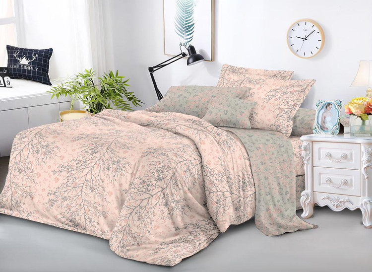 روتختی دونفره میکرو طرح شاخه طوسی صورتی ۶ تکه